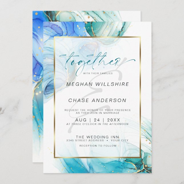 Teal and Blue Marbled Alcohol Ink Splash  Invitati Invitation (Front/Back)