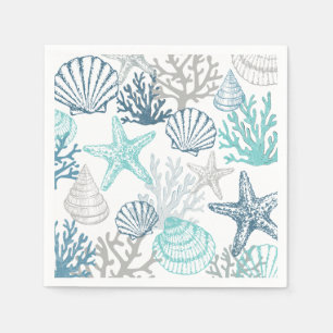 Teal And Blue Starfish Seashell Pattern Napkin
