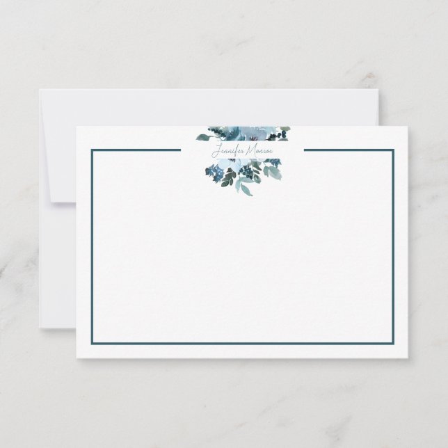 Teal and blue watercolor floral personalized   card (Front)
