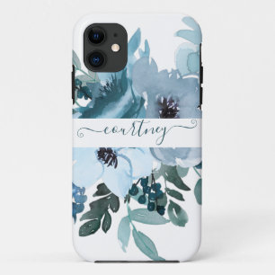 Teal and blue watercolor floral personalized iPhone 11 case