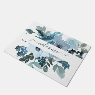 Teal and blue watercolor floral personalized doormat