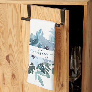 Teal and blue watercolor floral personalized kitchen towel