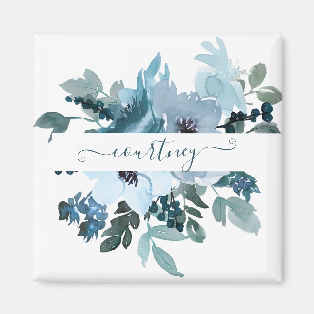Teal and blue watercolor floral personalized  magnet (Front)