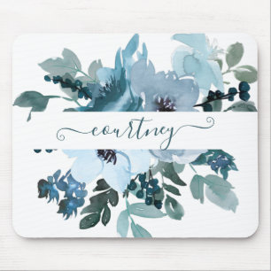 Teal and blue watercolor floral personalized mouse pad