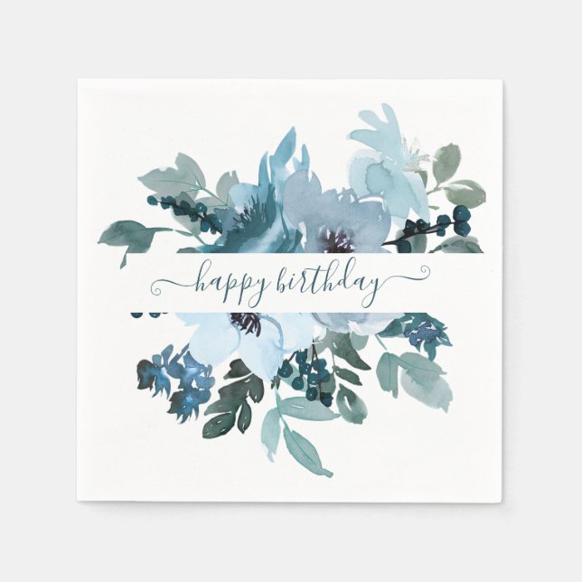 Teal and blue watercolor floral personalized  napkin (Front)