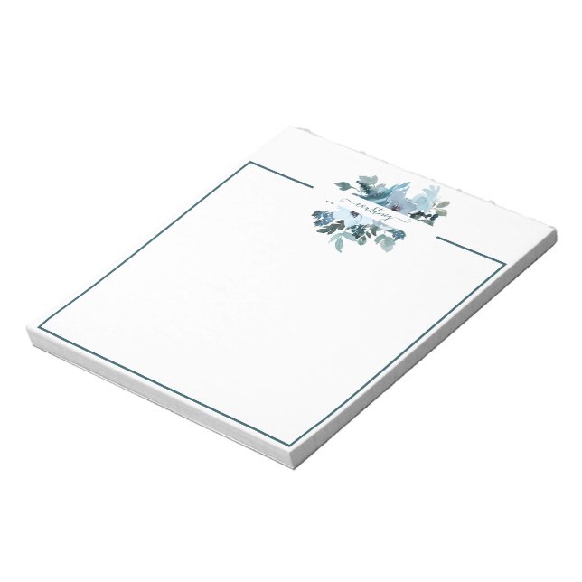 Teal and blue watercolor floral personalized   notepad (Rotated)