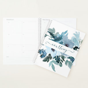 Teal and blue watercolor floral personalized  planner