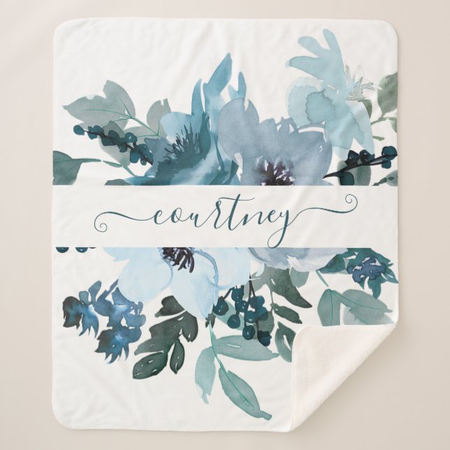 Teal and blue watercolor floral personalized  sherpa blanket (Front)