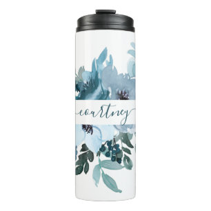Teal and blue watercolor floral personalized   thermal tumbler