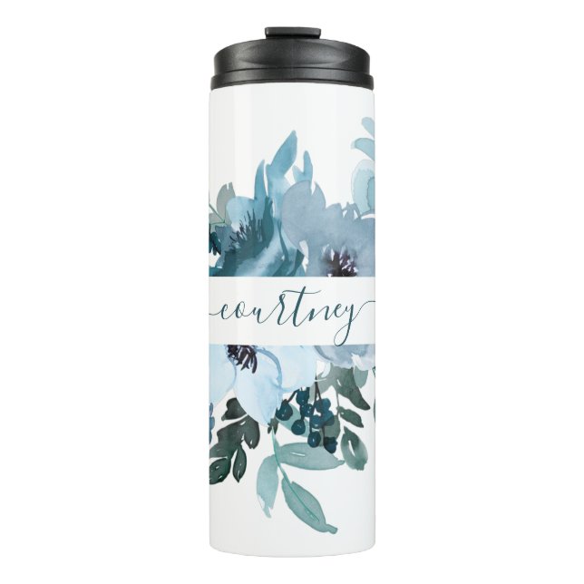 Teal and blue watercolor floral personalized   thermal tumbler (Front)