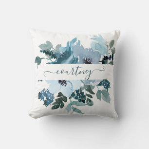 Teal and blue watercolor floral personalized  throw pillow