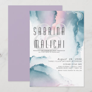 Teal and Blush Rose Modern Fluid Ink Invitation