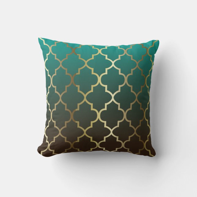 Teal and Brown Blend | Gold Quatrefoil Pattern Throw Pillow (Front)