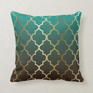 Teal and Brown Blend Gold Quatrefoil Pattern Throw Pillow