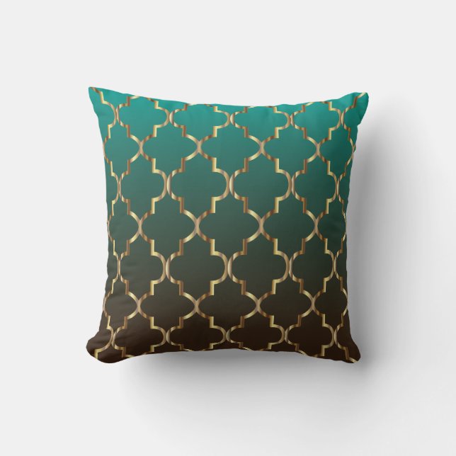 Teal and Brown Blend | Golden Quatrefoil Pattern Throw Pillow (Front)