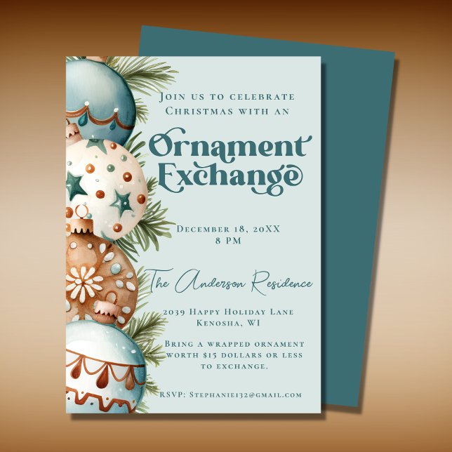 Teal and Brown Christmas Ornament Exchange  Invitation (Creator Uploaded)