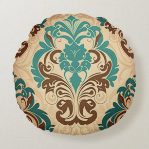 Teal and Brown Damask Flourishes on Warm Cream Round Pillow