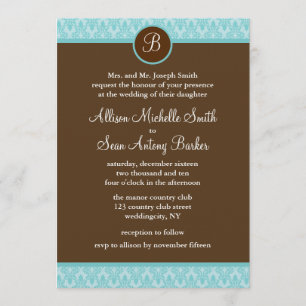 Teal and Brown Damask Pattern Wedding Invitations