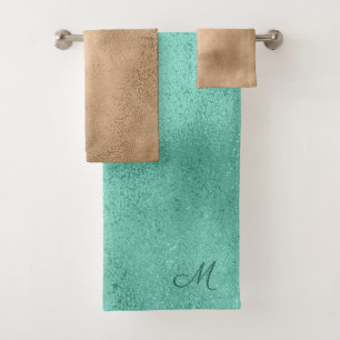 Teal and Brown Shimmer Design Monogrammed Bath Towel Set