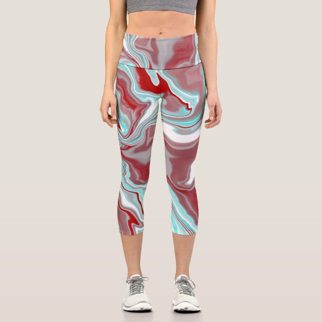 Teal and Burgundy Marble Digital Fluid Art    Capri Leggings (Front)