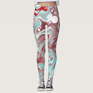 Teal and Burgundy Marble Digital Fluid Art Leggings