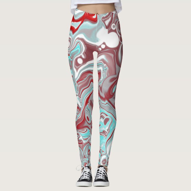 Teal and Burgundy Marble Digital Fluid Art Leggings (Front)