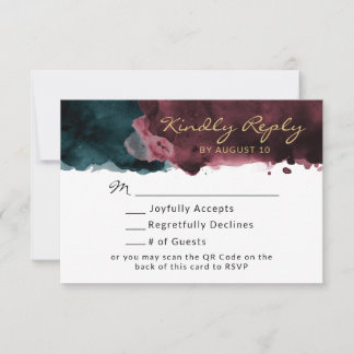 Teal and Burgundy Watercolor QR Code RSVP Card