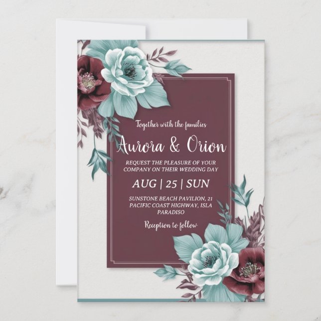 teal and burgundy wedding invitations (Front)
