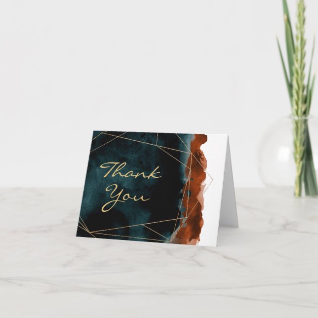 Teal and Burnt Orange Watercolor Thank You Card (Front)