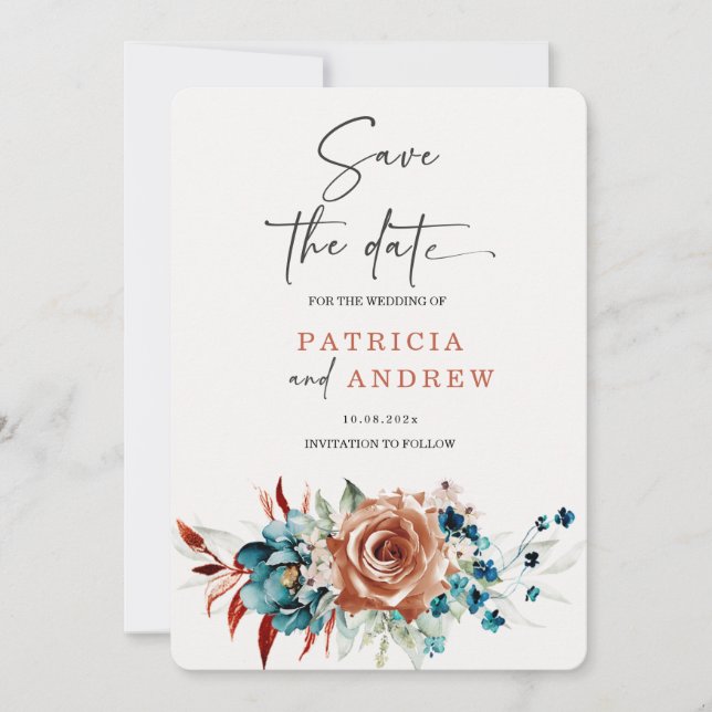Teal and Burnt Orange Wedding Save the Date Invitation (Front)