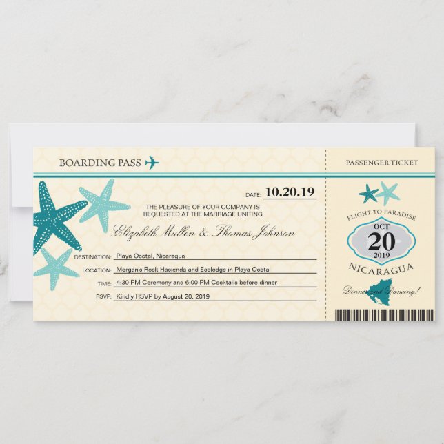 Teal and Buttercream Nicaragua Boarding Pass Invitation (Front)