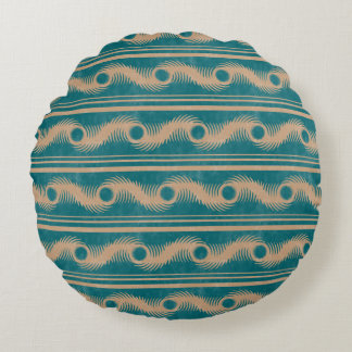 Teal and Caramel Spiral Geometric Striped Pattern Round Pillow