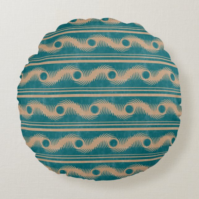 Teal and Caramel Spiral Geometric Striped Pattern Round Pillow (Front)