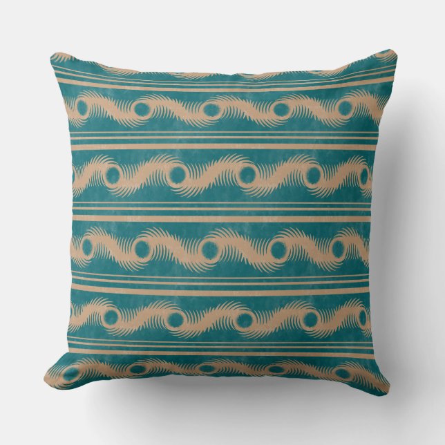 Teal and Caramel Spiral Geometric Striped Pattern Throw Pillow (Front)