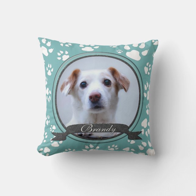 Teal and Charcoal  Dog Memorial Paw Prints Throw Pillow (Front)