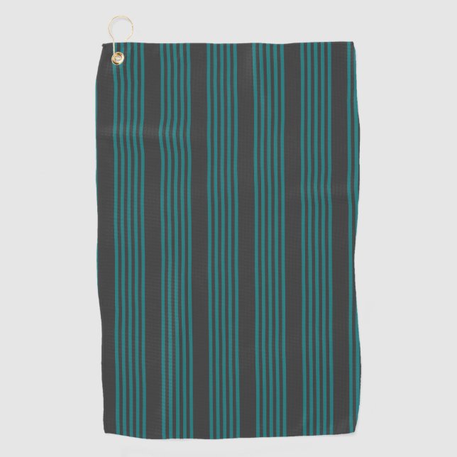 Teal and charcoal five stripe pattern golf towel (Front)