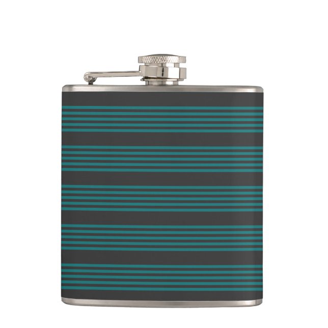 Teal and charcoal five stripe pattern hip flask (Front)