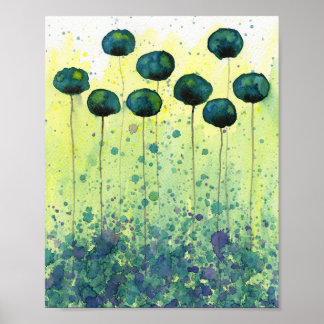 Teal and Chartreuse Poppies, Watercolor Flowers Poster