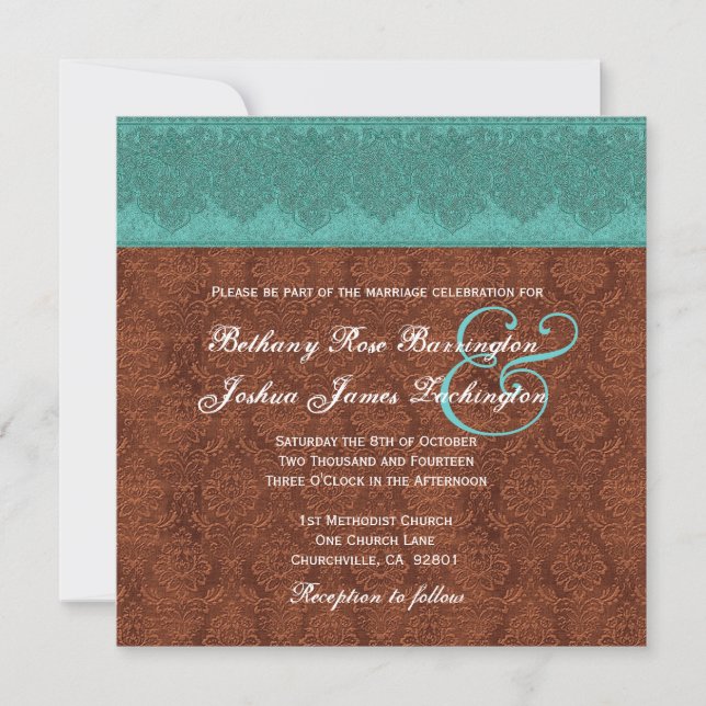 Teal and Chocolate Damask Monogram Wedding V12 Invitation (Front)