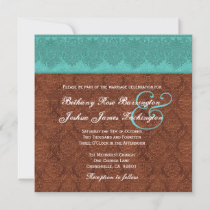 Teal and Chocolate Damask Monogram Wedding V12 Invitation