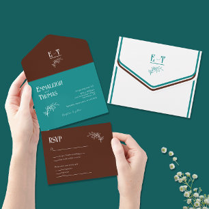 Teal and Chocolate Simple Modern Wedding All In One Invitation