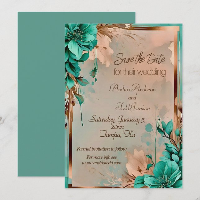 Teal and copper flower wedding  save the date (Front/Back)