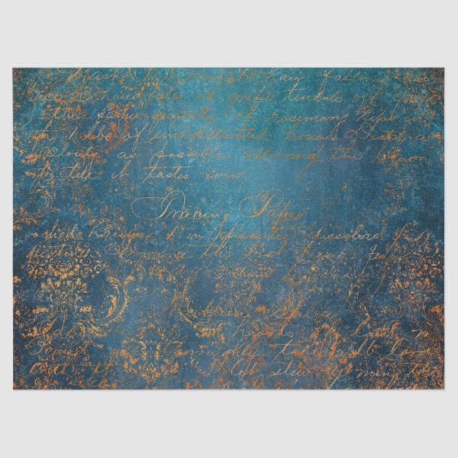 Teal and Copper Patina Calligraphy Tissue Paper (Front)