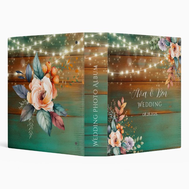 Teal and Copper Wood Floral Lights Wedding Album Binder (Background)