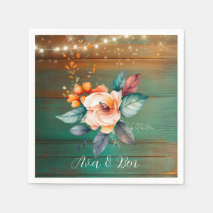 Teal and Copper Wood Floral Lights Wedding Napkin