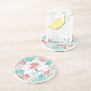Teal and Coral Beach Wood Seashell Coaster
