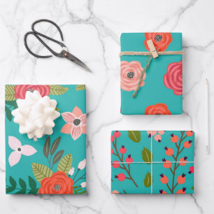 Teal and Coral Berry Pattern Wrapping Paper Sheet