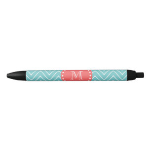 Teal and Coral Chevron with Custom Monogram Black Ink Pen