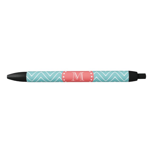 Teal and Coral Chevron with Custom Monogram Black Ink Pen (Front)
