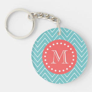Teal and Coral Chevron with Custom Monogram Keychain